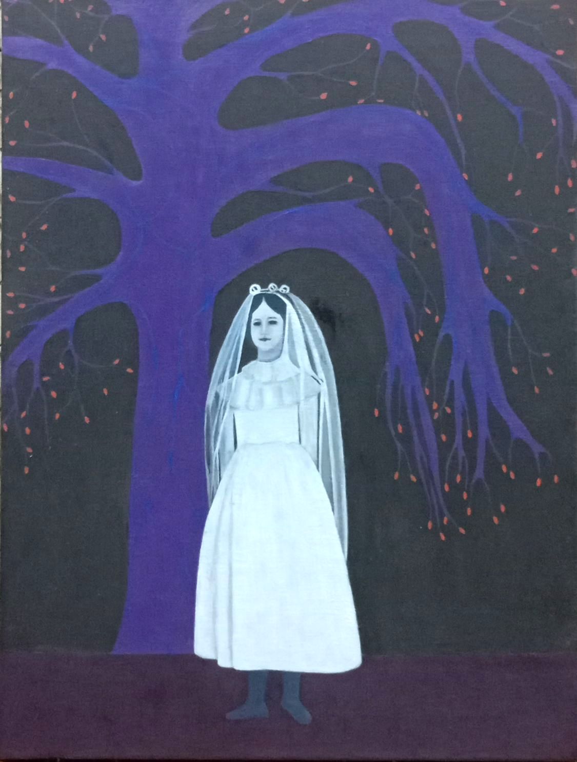 2025 Personaje de blanco y árbol violeta florido 50x38 Óleo sobre lienzo